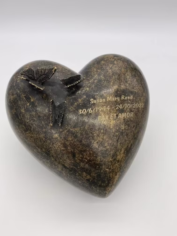 bronze heart urn with engraving