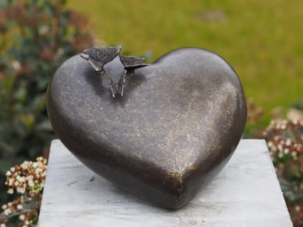 large bronze heart urn with butterflies