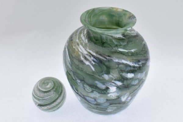 green glass cremation urn