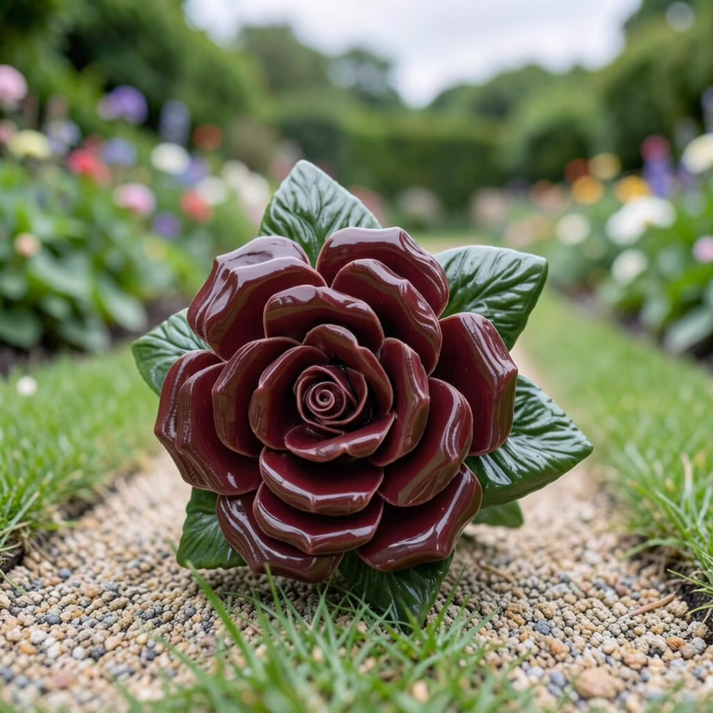 ceramic dark red rose for grave