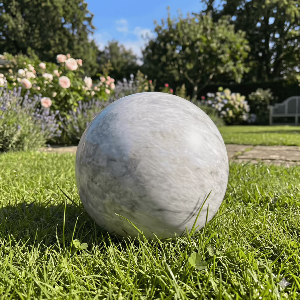 white_marble_sphere_urn_for_ashes_in_garden