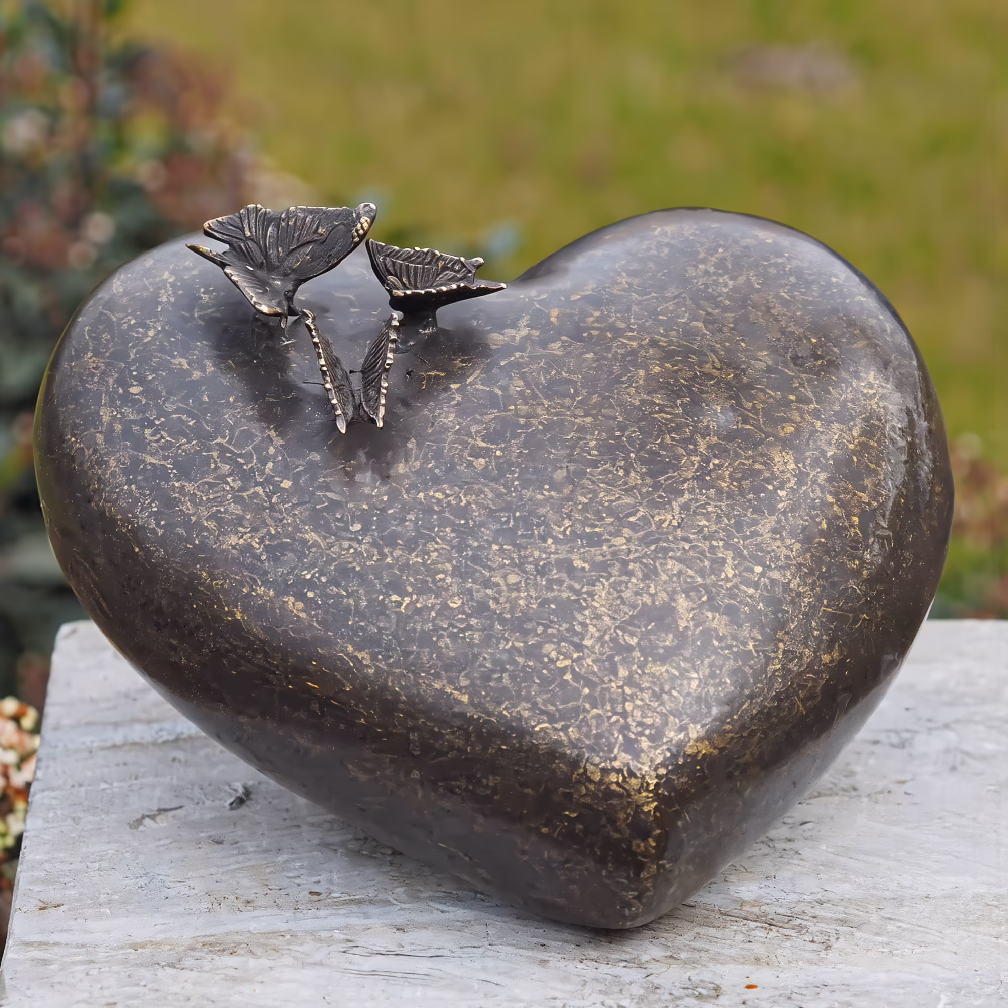 large bronze heart urn with butterflies