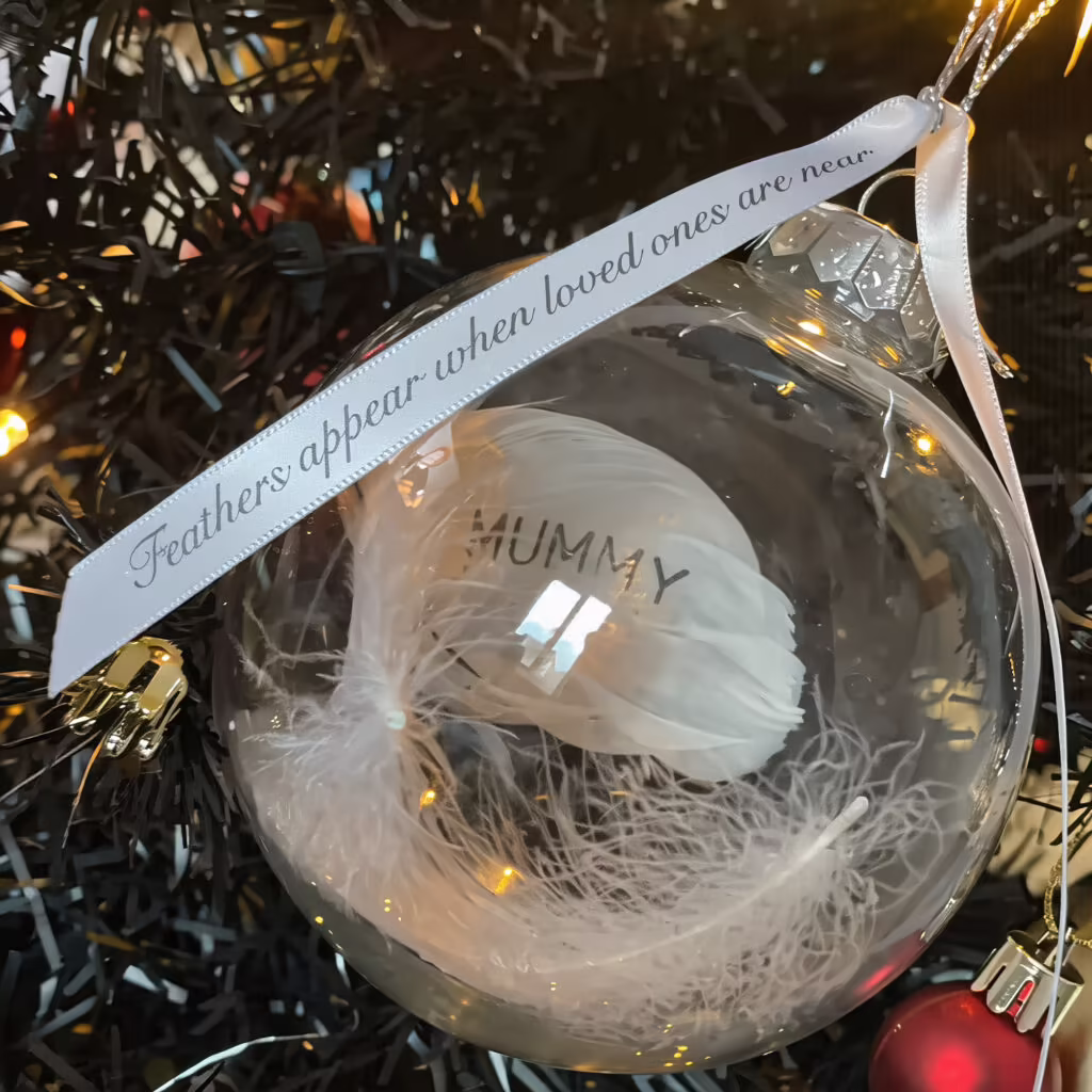 white feather memorial bauble