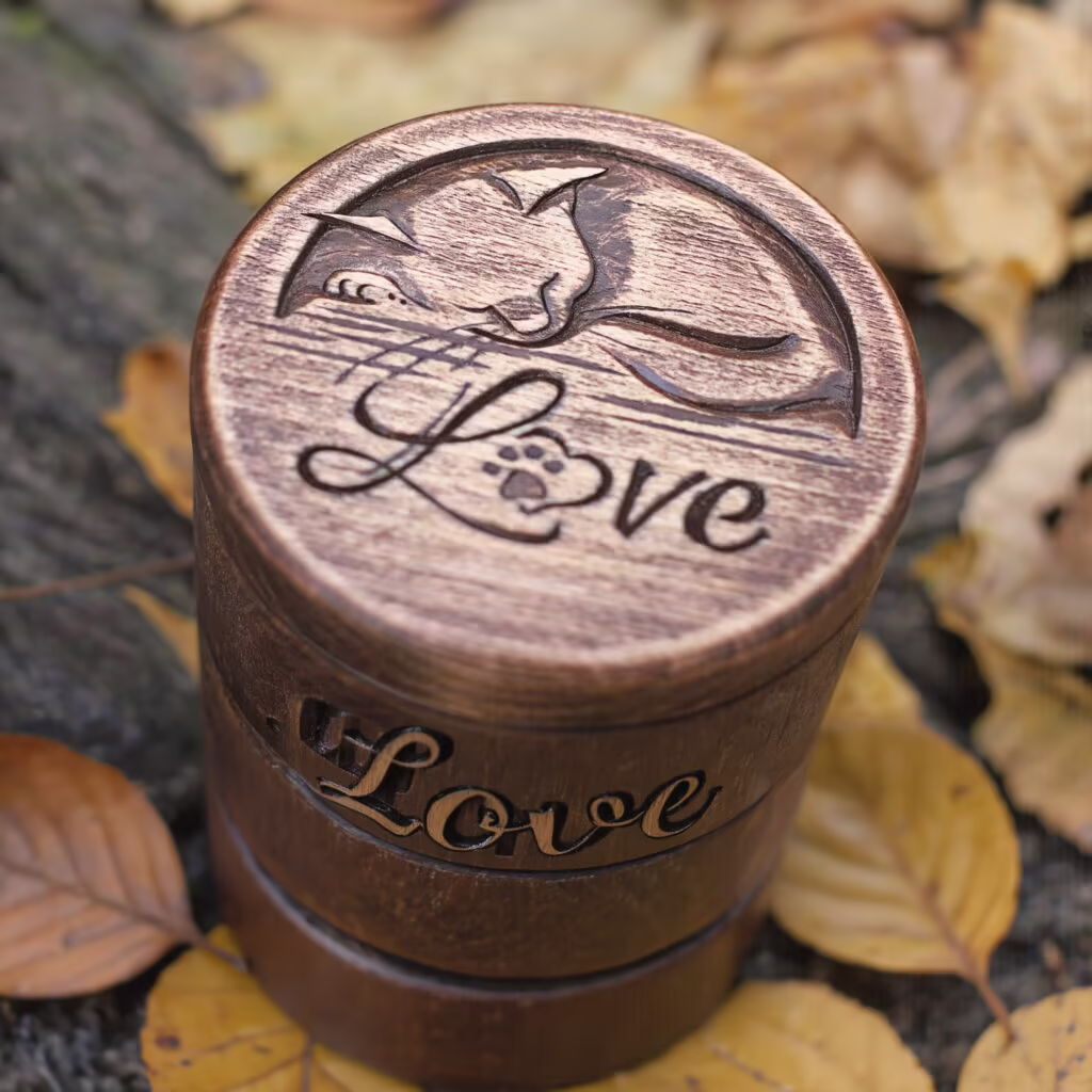 wooden cat urn